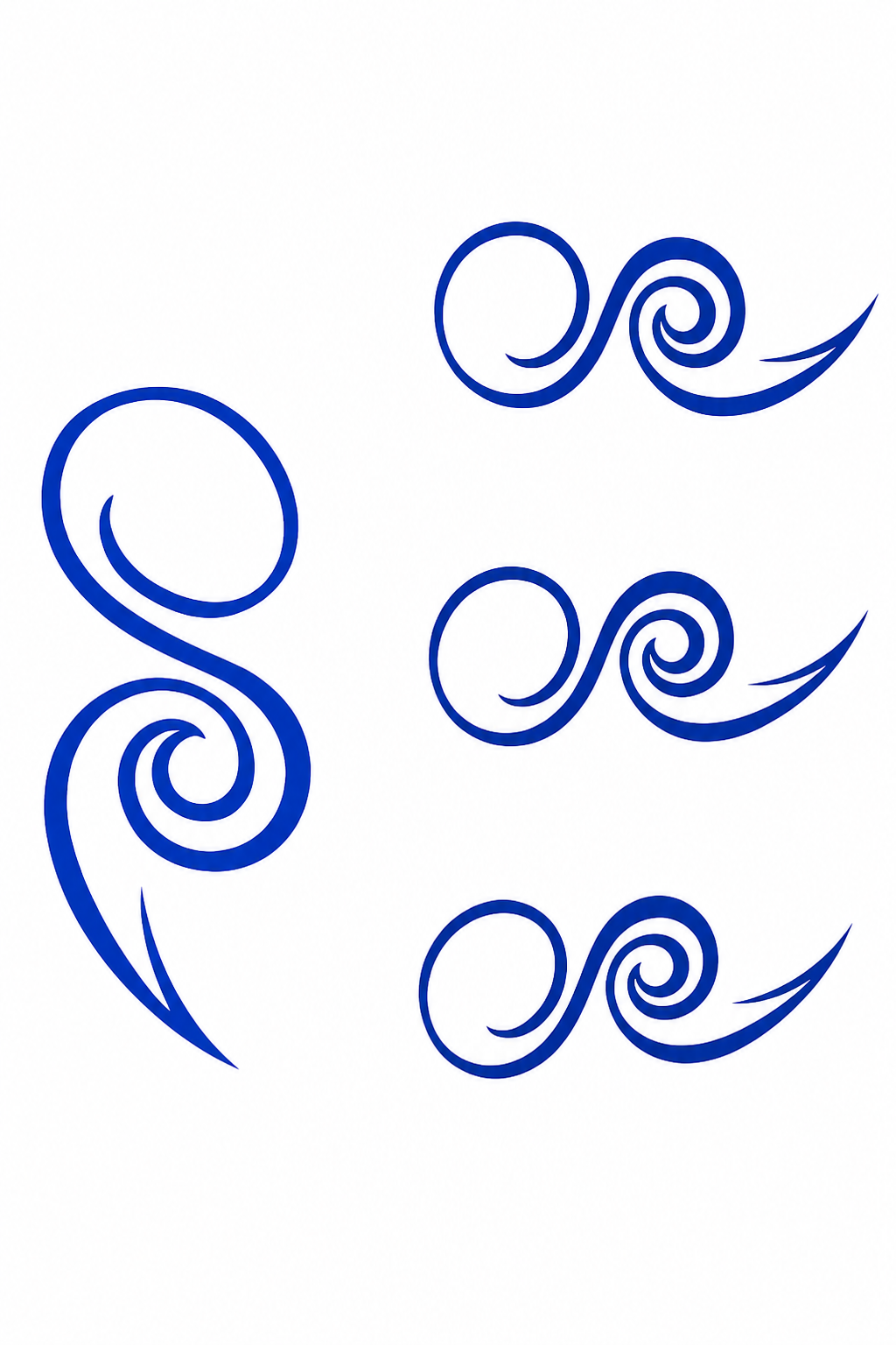 Blue ornamental swirl flash designs on a white background