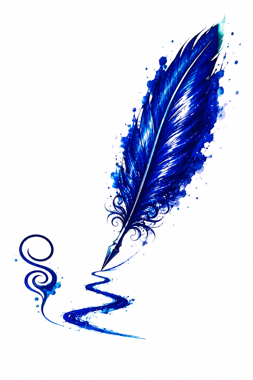 Blue feather and quill flash designs on a white background
