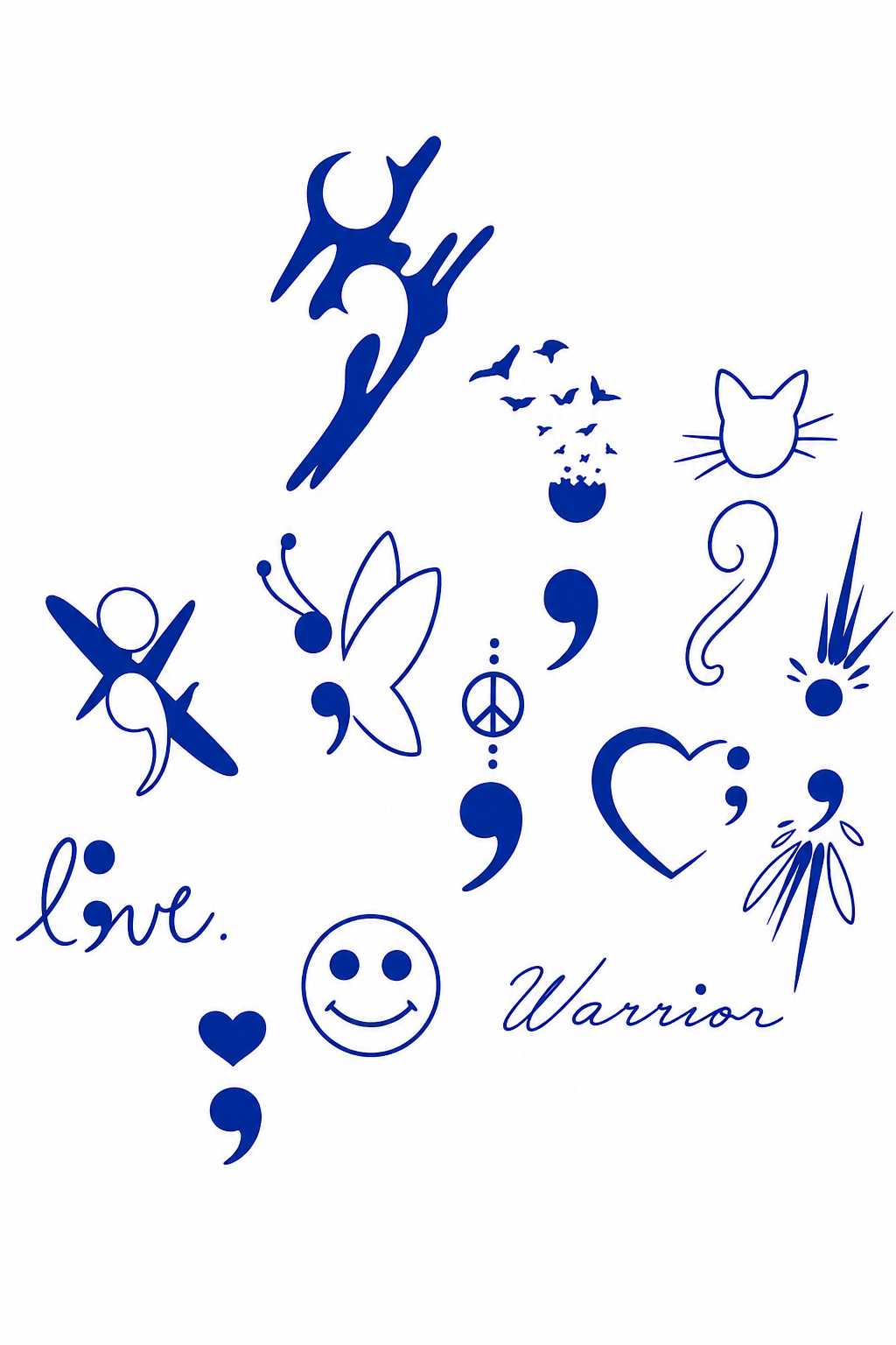 Blue live and warrior symbol flash designs on a white background