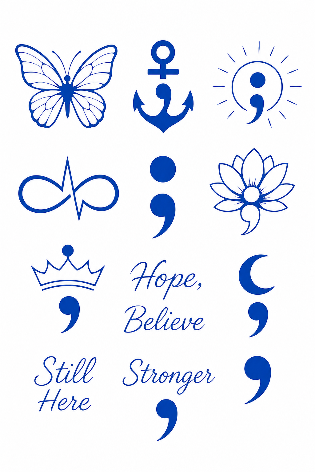 Blue hope, believe, and still here flash designs on a white background
