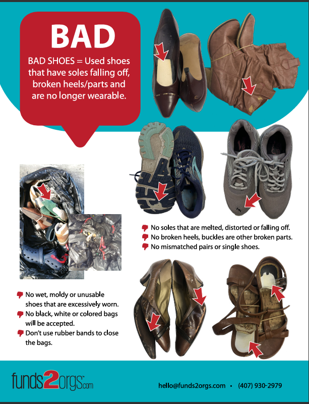 Examples of unacceptable shoe donations &mdash; broken, moldy, mismatched