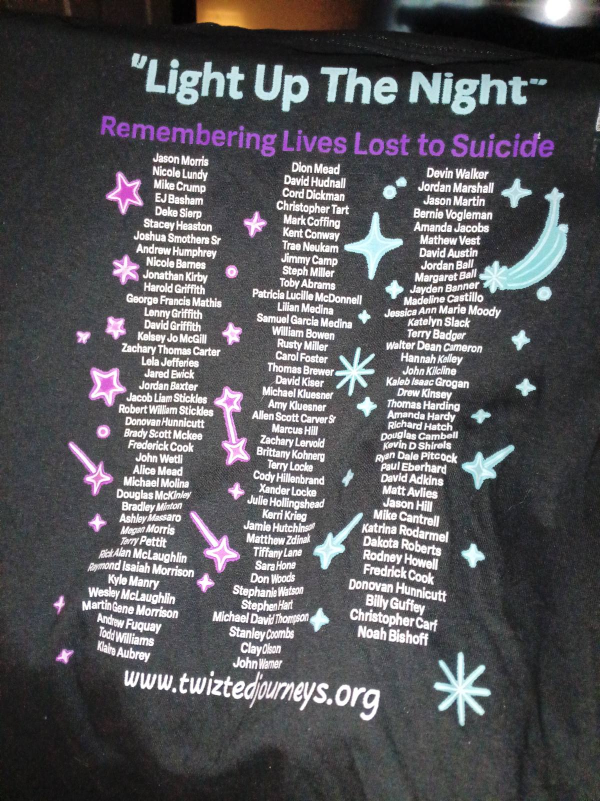 Light Up the Night Memorial Shirt back design listing the names of loved ones lost to suicide, Twizted Journeys