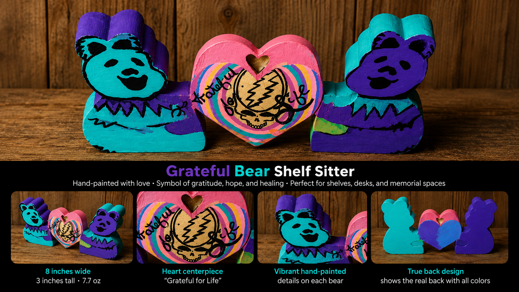 Grateful Bear Shelf Sitter &mdash; handmade teal purple and pink with two teddy bears and a heart centerpiece