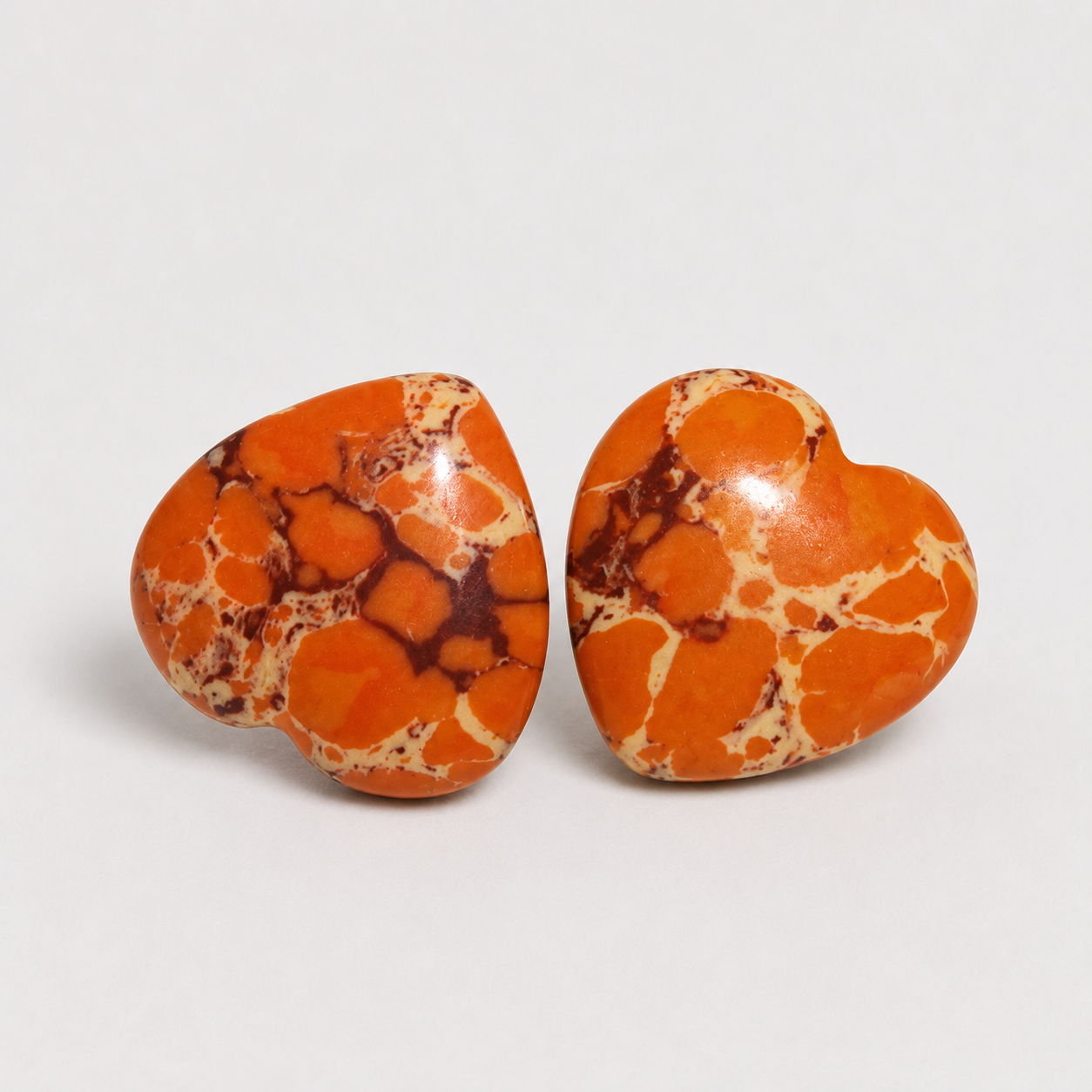 HOWC Orange Imperial Jasper polished crystal heart pocket stones with cream and brown matrix patterns